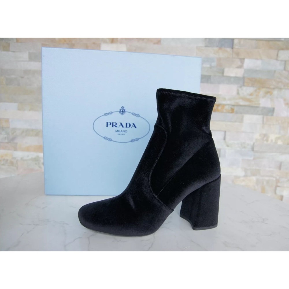 Prada Calzature Donna Black Stretch Velvet Ankle Boots Block Heels Side Zipper